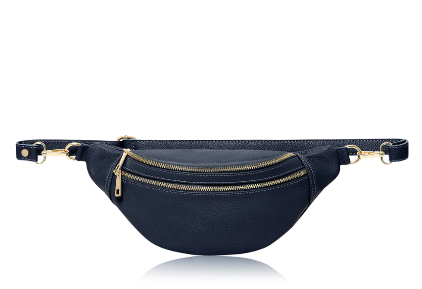 Navy Blue Leather Double Zip Waist Bag
