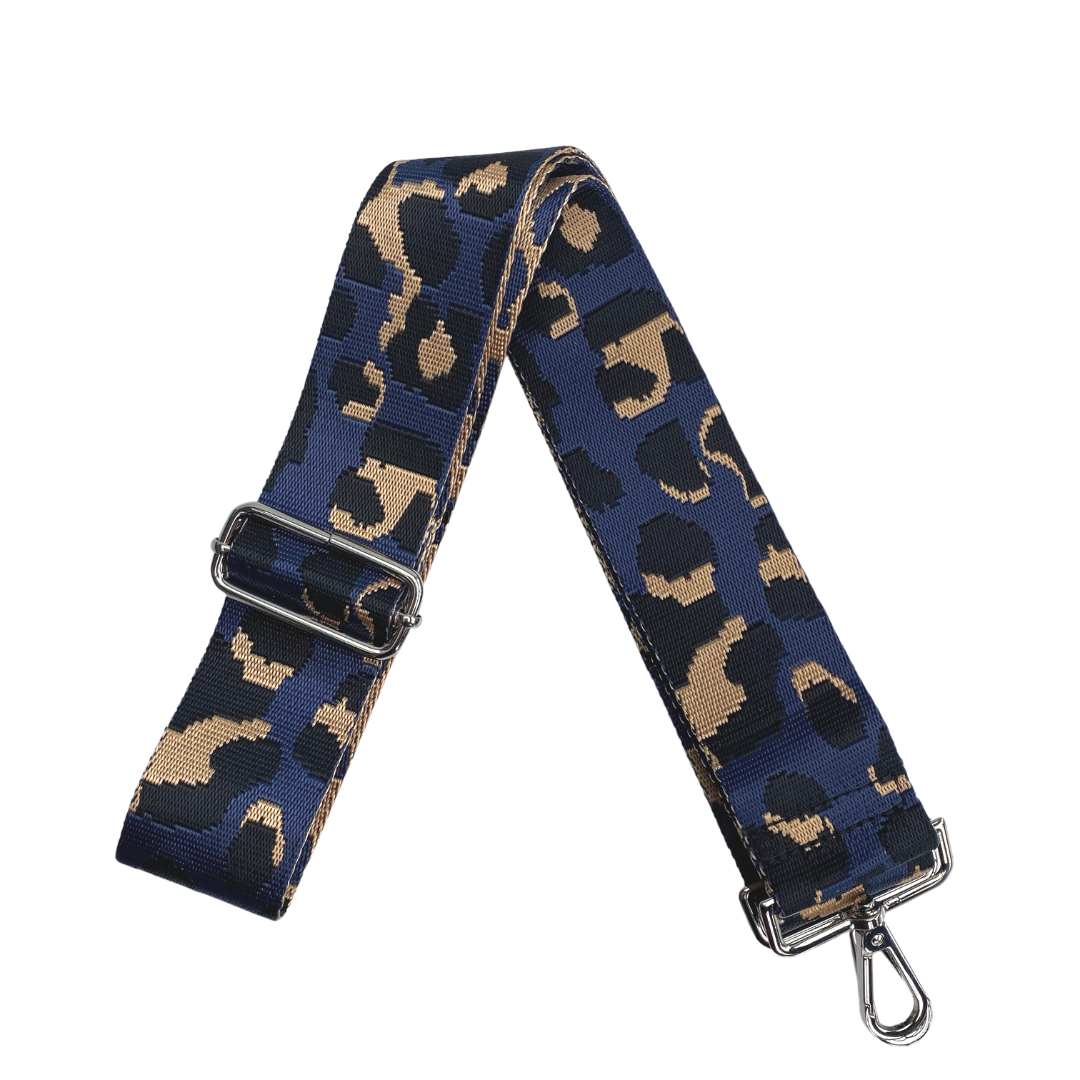 Navy Animal Print Bag Strap (silver hardware)