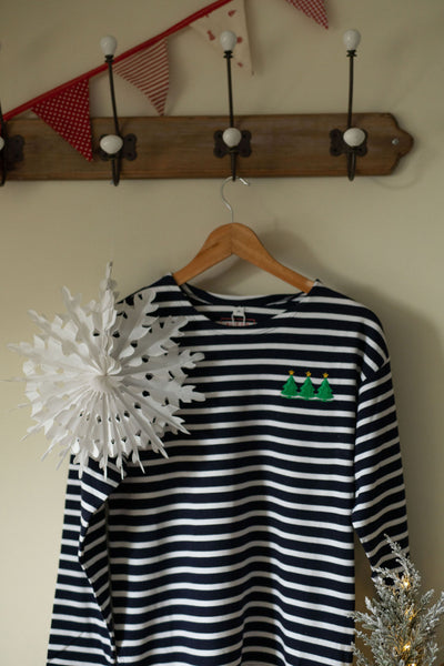 Christmas Tree Festive Embroidered Breton Tee - Navy/White