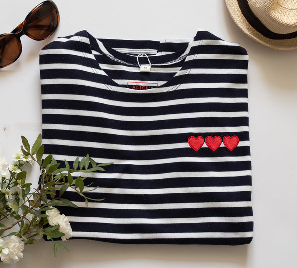 Triple Heart Embroidered on chest Breton Tee - Navy/White