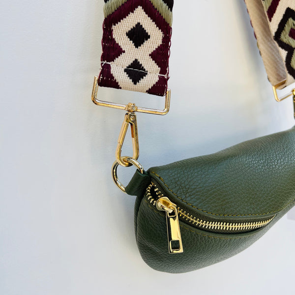 Olive Green Leather Waist Crossbody Bag with maroon green aztec strap