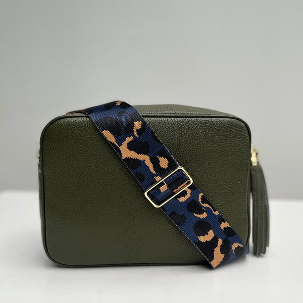 Olive Green Leather Large Tassel Cross Body Bag with navy animal print bag strap