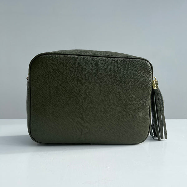 Olive Green Leather Large Tassel Cross Body Bag