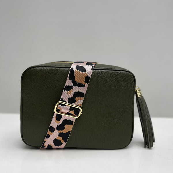 Olive Green Leather Large Tassel Cross Body Bag with pink animal print bag strap