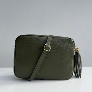 Olive Green Leather Large Tassel Cross Body Bag