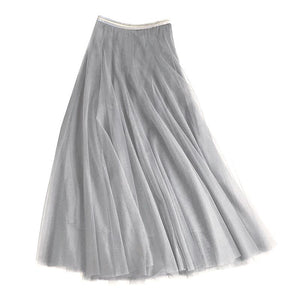 Pale Grey Tulle Midi Skirt with Gold Waistband