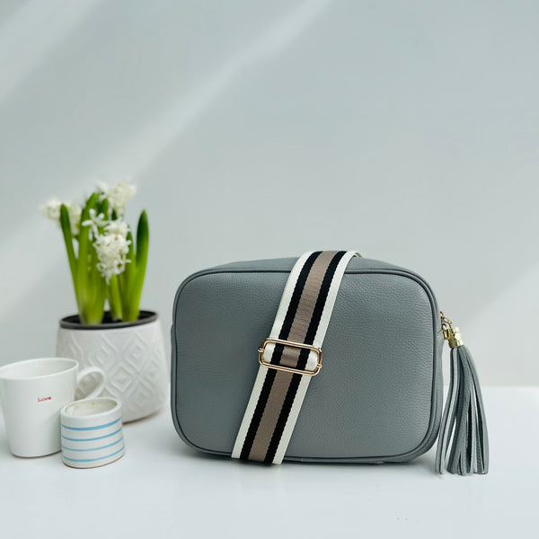 pale grey Leather Large Tassel Cross Body Bag with putty stripe bag strap