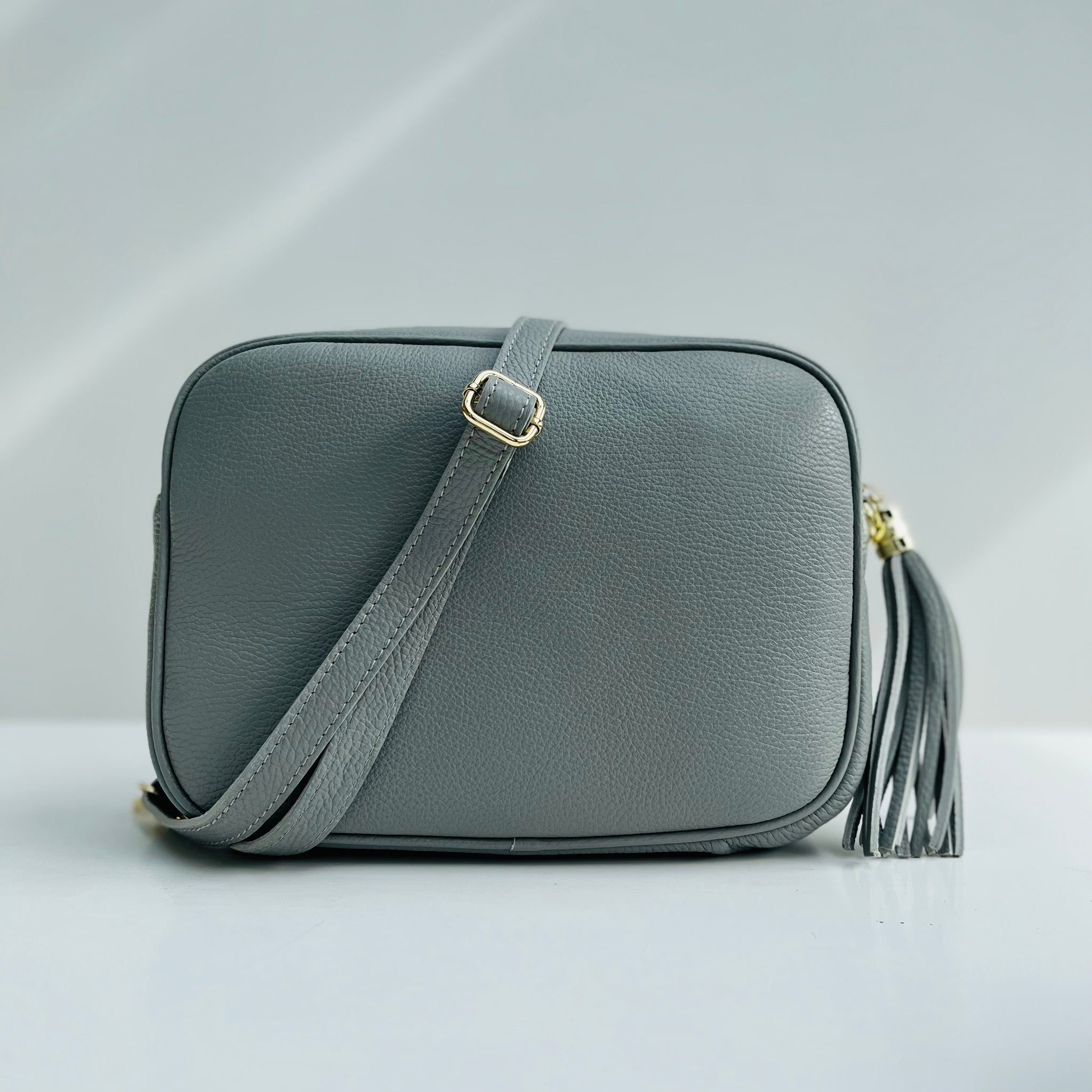 pale grey Leather Large Tassel Cross Body Bag