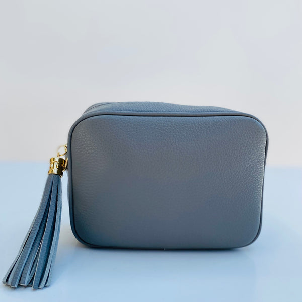 Pale Grey Leather Tassel Cross Body Bag
