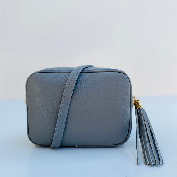 Pale Grey Leather Tassel Cross Body Bag