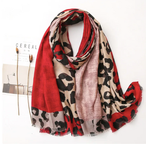 Red and Camel Block Leopard Print Scarf