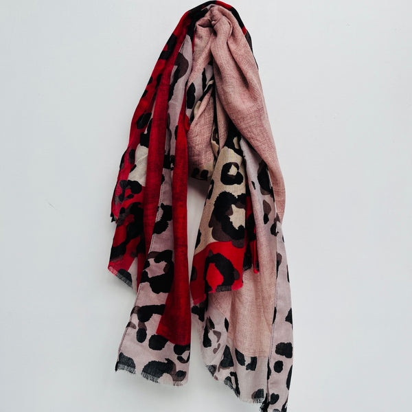 Red and Camel Block Leopard Print Scarf