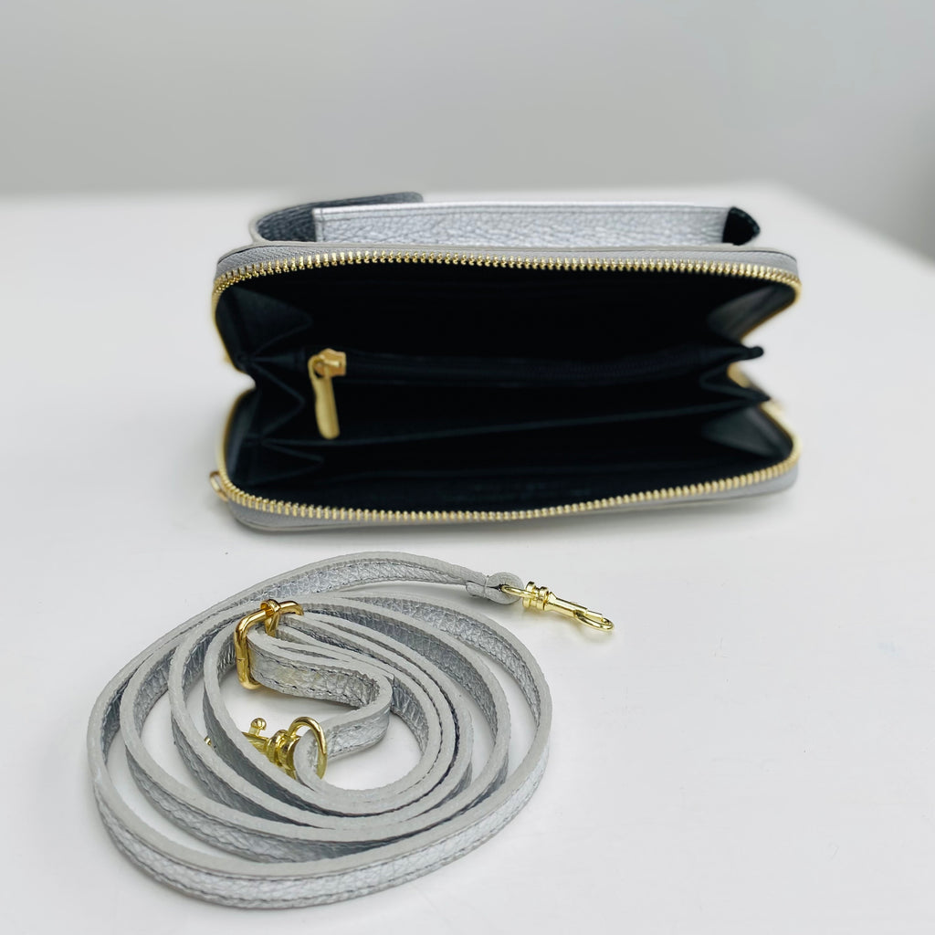 Silver Leather Purse Phone Crossbody Alice s Wonders UK
