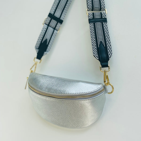 Silver Leather Waist Crossbody Bag with the monochrome bar pattern strap