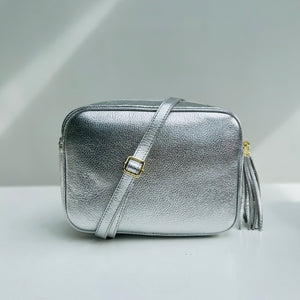 Silver Leather Large Tassel Cross Body Bag