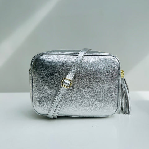 Silver Leather Large Tassel Cross Body Bag