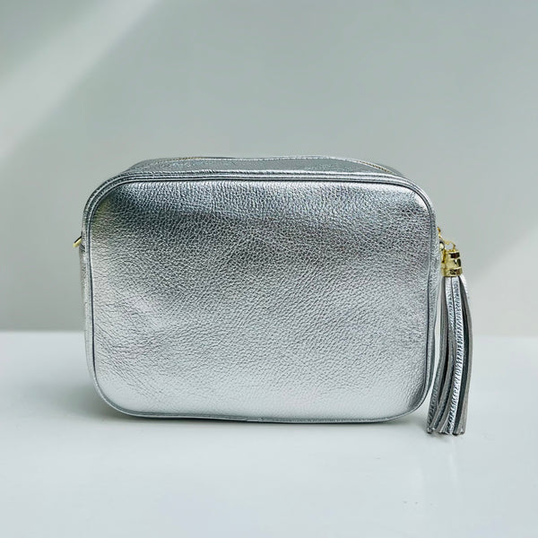 Silver Leather Large Tassel Cross Body Bag