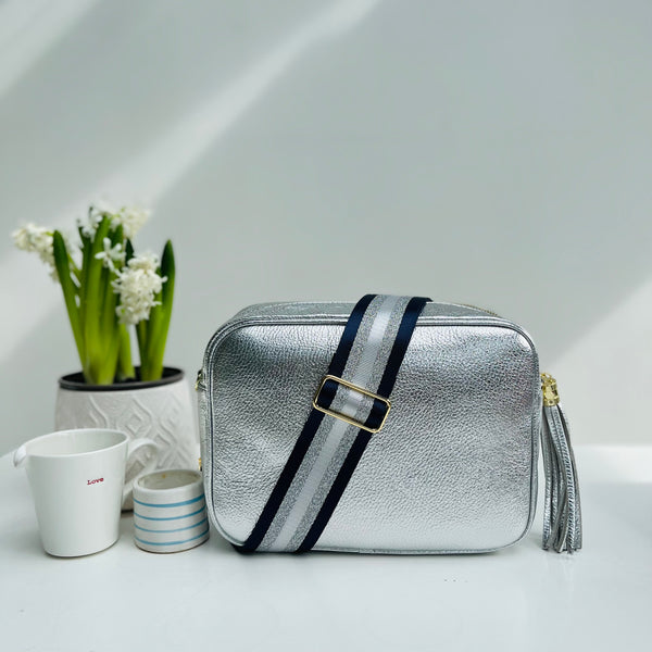 Silver Leather Large Tassel Cross Body Bag with silver and navy stripe strap
