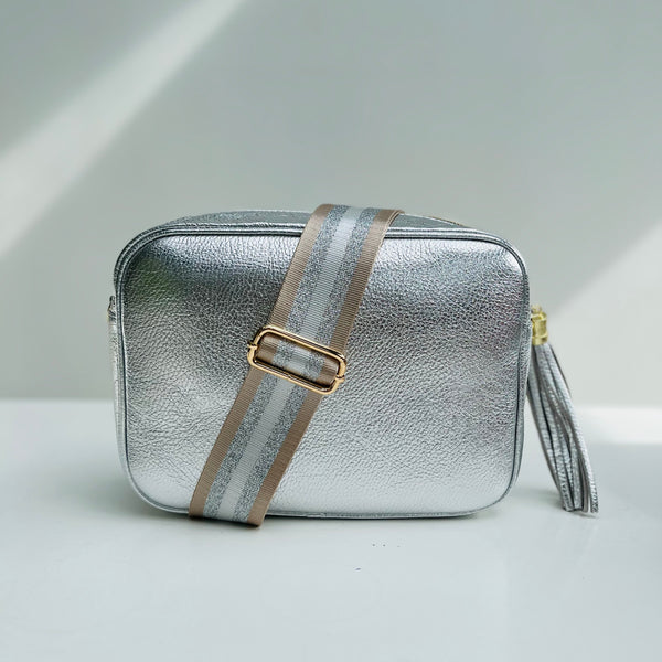 Silver Leather Large Tassel Cross Body Bag with silver and pale taupe stripe strap