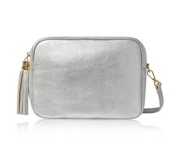 Silver Leather Large Tassel Cross Body Bag