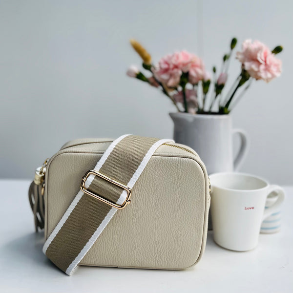 Stone and White Wide Stripe Bag Strap with cream leather tassel bag