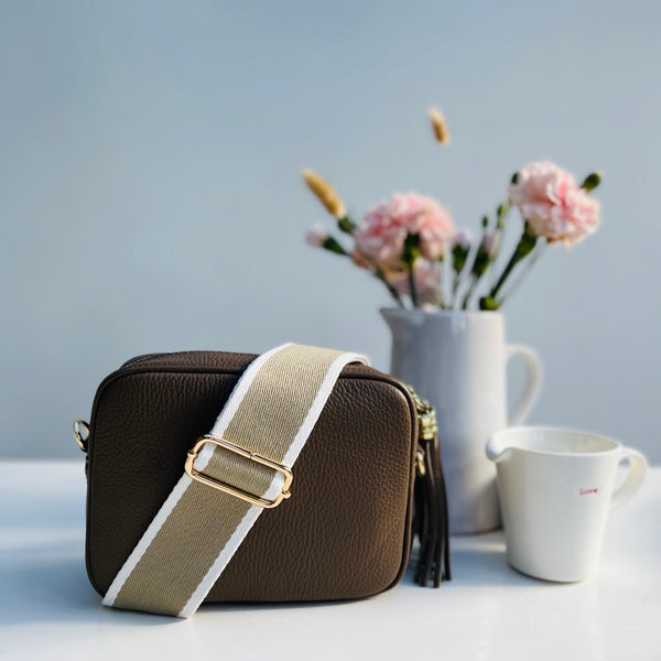 Stone and White Wide Stripe Bag Strap with taupe leather tassel bag