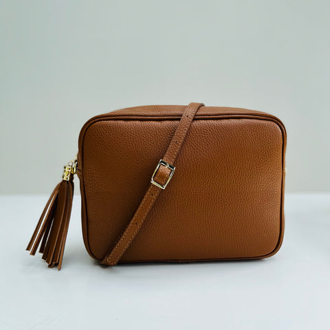 Tan Leather Large Tassel Cross Body Bag