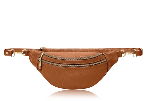 Tan Leather Double Zip Waist Bag