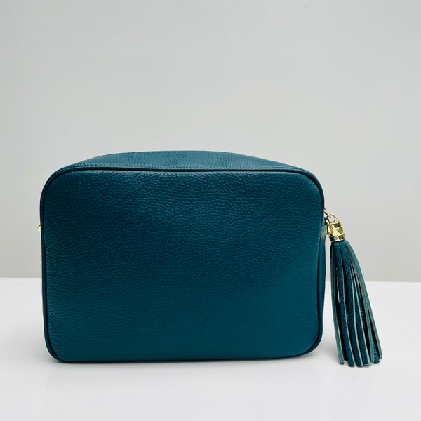 Teal Leather Large Tassel Cross Body Bag