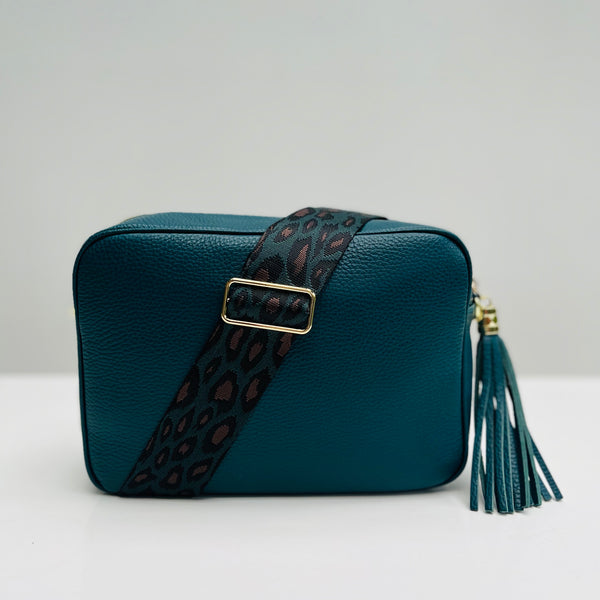 Teal Leather Large Tassel Cross Body Bag with Teal animal print bag strap