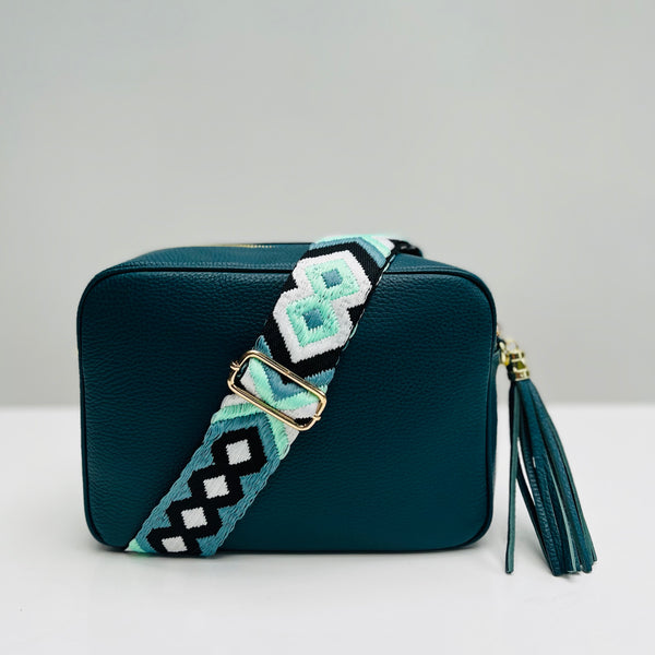 Teal Leather Large Tassel Cross Body Bag with Teal aztec print bag strap