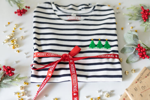 Christmas Tree Festive Embroidered Breton Tee - White/Navy