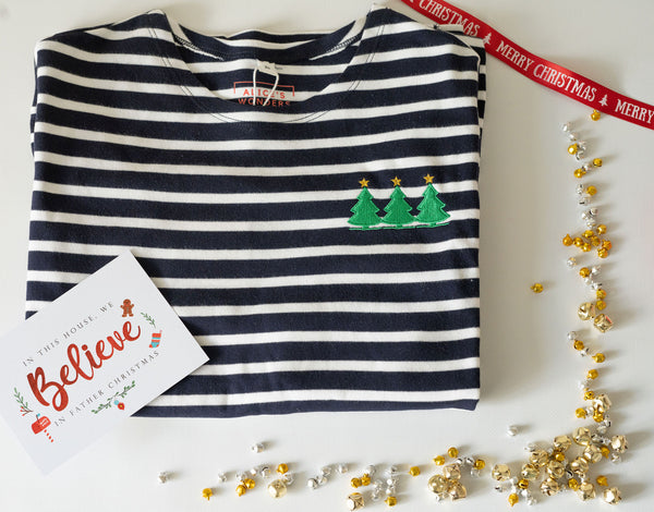 Christmas Tree Festive Embroidered Breton Tee - Navy/White