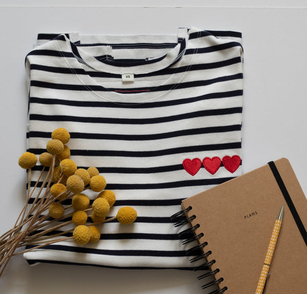 Triple Heart Embroidered Breton Tee - White/Navy