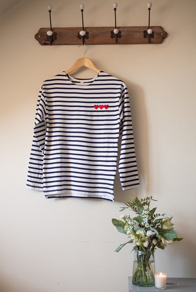 Triple Heart Embroidered Breton Tee - White/Navy