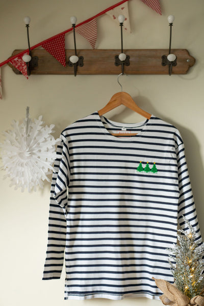 Christmas Tree Festive Embroidered Breton Tee - White/Navy