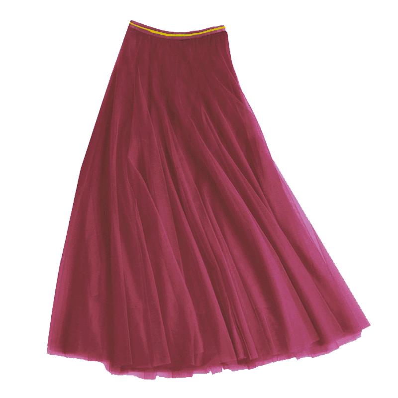 Wine Red Tulle Midi Skirt with Gold Waistband